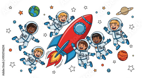 Cartoon astronauts flying around red rocket ship in outer space with planets and stars