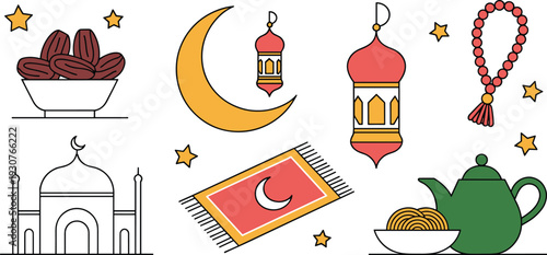 Islamic Ramadan Kareem illustration set with mosque, crescent moon, lantern, prayer beads, dates, stars, prayer rug, tea, and traditional elements