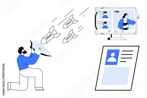 DDoS attack concept. Digital defense against multiple threats thumbs up DDoS attacks. Emphasizing online protection during video conferencing and identity security. For cybersecurity, IT solutions