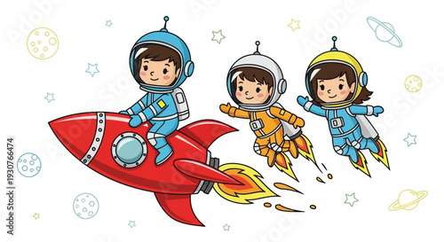 Children in space suits flying with rocket through stars in cartoon style illustration