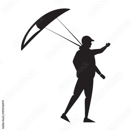 Kitesurfing silhouette of person with parachute kite equipment extreme water sport activity minimalist black graphic icon isolated on white background for adventure travel brand