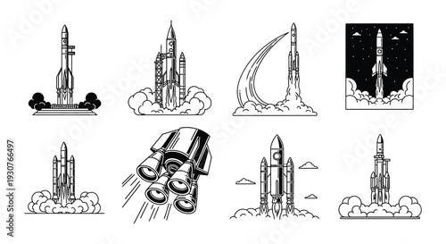 Collection of monochrome rocket ship illustrations in various stages of flight