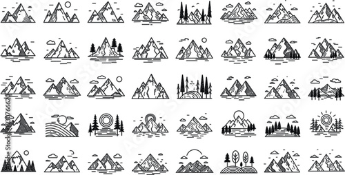 Mountain range icon set with pine trees sun and clouds in hand drawn linocut engraving style for outdoor adventure logo design