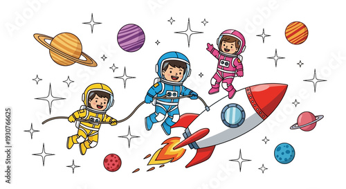 Astronauts in space suits flying with rocket through cosmos near planets and stars