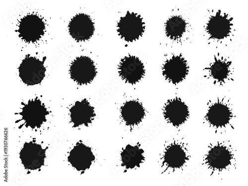 Collection of abstract black ink splatters and blots arranged in a grid pattern on white background