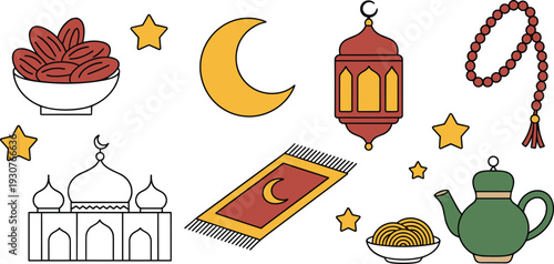 Islamic symbols collection, mosque silhouette, crescent moon star, traditional lanterns, Quran book, prayer rug, geometric pattern, Ramadan, Eid, Muslim religious icons, vector illustration