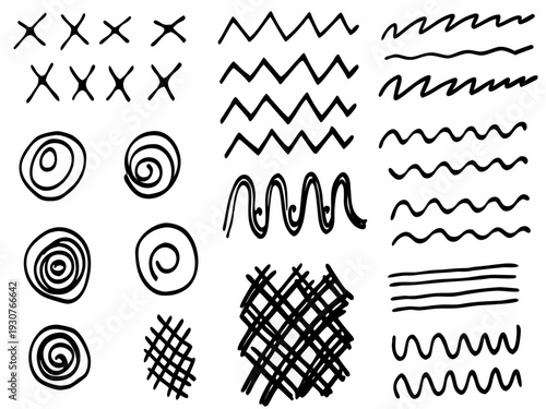 Black and white graphic design elements featuring swirls lines spirals and crosshatch patterns on white background