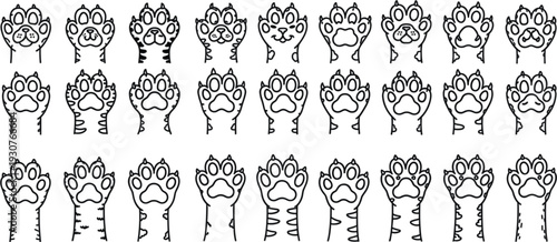 Large collection of cute cat paw and kitten foot print icons in hand drawn doodle style for pet lovers and animal branding