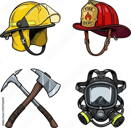 Firefighter Equipment Set Vector Illustration - Modern and Classic Fireman Gear Icons in Comic Style