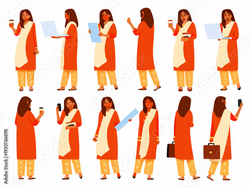 Indian woman in traditional dress depicted in various poses holding different items