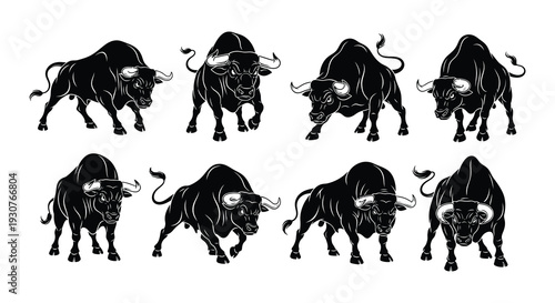 Silhouette illustrations of powerful bulls in various aggressive poses