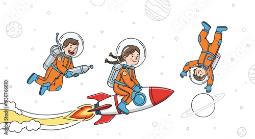 Astronauts riding a rocket through outer space with stars and planets surrounding them in a cartoonish illustration style