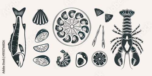 Vintage style illustration of various seafood and citrus fruit slices