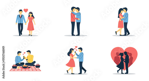 Couple embracing and dancing together happily in various poses and love illustrations