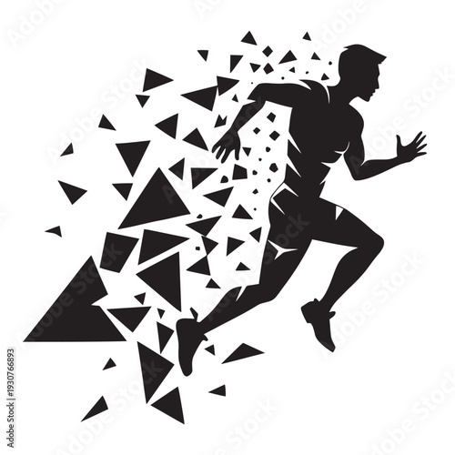 Running man silhouette in abstract style with geometric triangles, dynamic motion concept, fast run, sprint competition, active lifestyle