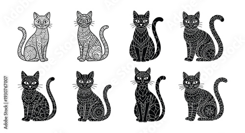 Intricate black and white illustrations of seated cats in various poses