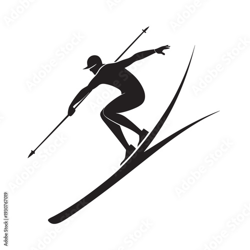 Skier silhouette, downhill skiing action shot, winter sport, outdoor recreation, extreme sport, athletic person on skis