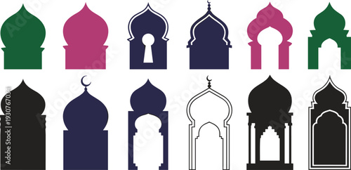 Islamic, mosque, arch, silhouette, collection, set, architecture, design, vector, illustration, arabic, ornamental, dome, crescent, traditional, Middle, Eastern, religious, decorative, element
