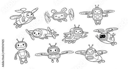 Collection of adorable robot characters designed with drone like propellers