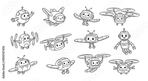 Collection of adorable robot characters designed with drone like propellers