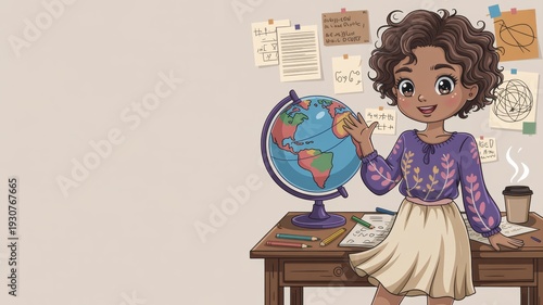 An illustration of a teacher standing at a desk with a globe, books and educational supplies. A banner with a place to copy it.