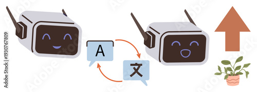 Artificial intelligence, translation services, communication, language learning, automation, and education. Two chatbots sharing translation signs. Artificial intelligence and translation services