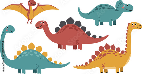 Colorful illustration of five different cartoon dinosaurs and a pterodactyl flying