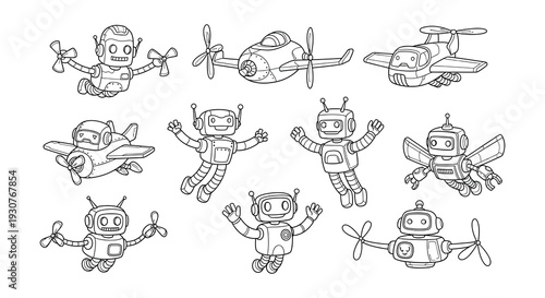 Collection of adorable robot characters designed with drone like propellers
