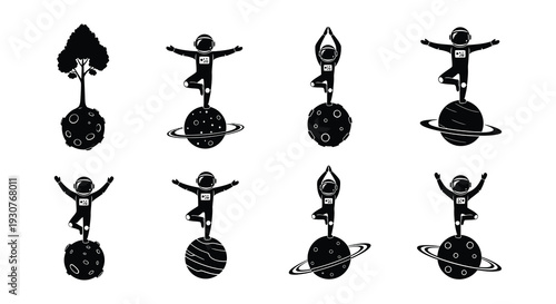 Astronauts practicing yoga poses on celestial bodies in a graphic design