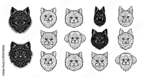 A collection of monochrome dog head illustrations in various styles
