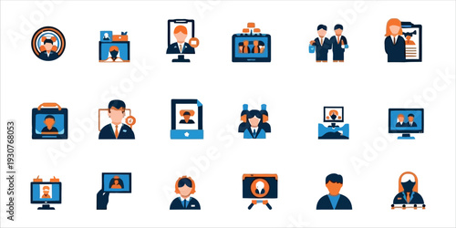 A collection of 16 pixel art illustrations of business professionals interacting with digital devices