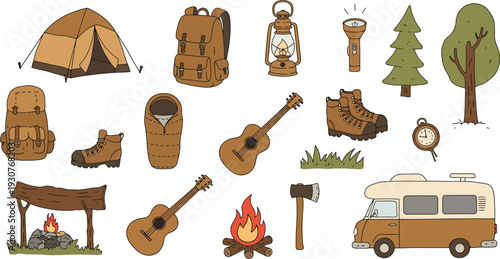 Wooden cutouts of camping and outdoor recreation objects and nature elements in various shapes and designs on white background
