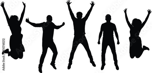 Jumping people silhouettes, joyful celebration poses, energetic dance illustration, freedom vector art set, happy crowd clipart, dynamic motion design icons