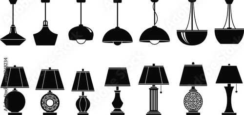Lamp silhouettes, pendant ceiling lights, table lamp icons, interior design illustration, home lighting vector set, decorative furniture clipart design