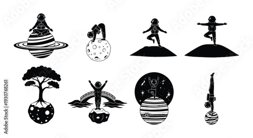 Astronauts practicing yoga poses on celestial bodies in a graphic design