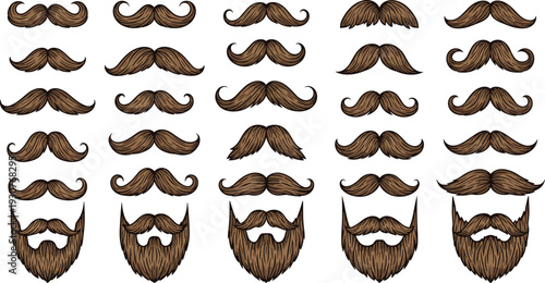 Mustache and beard styles, facial hair silhouettes, grooming fashion illustration, male character design vector set, barber clipart, trendy style icons