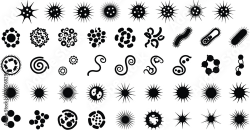 Microorganism silhouettes, bacteria virus icons, medical science illustration, microscopic life forms vector, biology clipart set, healthcare educational design