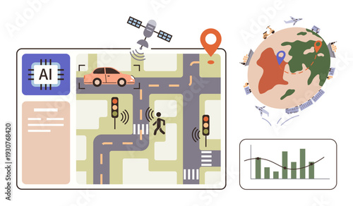 Urban planning, smart cities, autonomous technology, AI, transportation management, GPS systems. Diagram of AI in traffic control with satellite, car pedestrian. Urban planning and smart cities