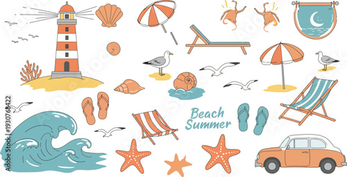 Colorful beach summer vacation icons and objects illustration