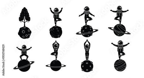 Astronauts practicing yoga poses on celestial bodies in a graphic design