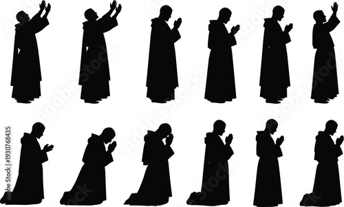 Set of Black Monk Silhouettes in Various Prayer Poses Including Standing Kneeling and Reaching Towards Heaven for Religious Spirituality Concept