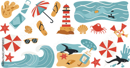 Beach vacation icons and objects including lighthouse sea creatures and accessories