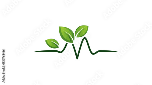 Vibrant green leaves growing from a stylized heart rate line on a clean white background, symbolizing natural health, wellness, and eco-friendly vitality.