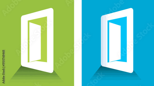 Technology portal icon: Open digital door in a white frame, symbolizing access, entry, and connectivity on green and blue backgrounds.