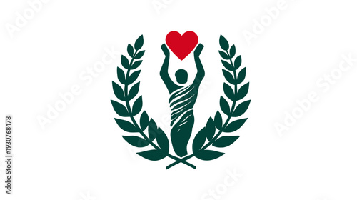 Human figure holding a red heart surrounded by a green laurel wreath, symbolizing love, health, success, and community support.