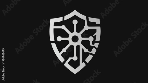Cyber Security Shield Logo with Circuit Board Design on Black Background - Digital Protection and Data Safety Concept