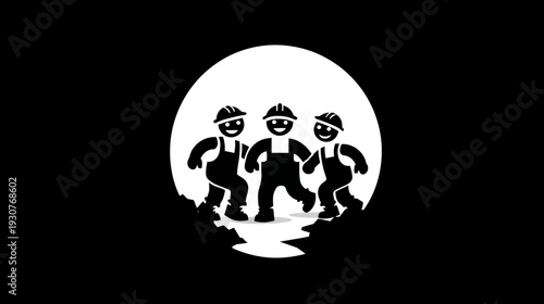 Stylized graphic of three smiling workers in hard hats and overalls, depicting teamwork, labor, and industrial unity against a black background.