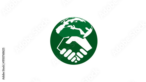 Global partnership handshake on green Earth sphere icon. International cooperation, unity, and environmental agreement concept.