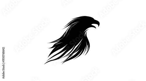 Powerful black eagle head silhouette with stylized feathers on white background. Majestic raptor emblem for strength, freedom, and vision.