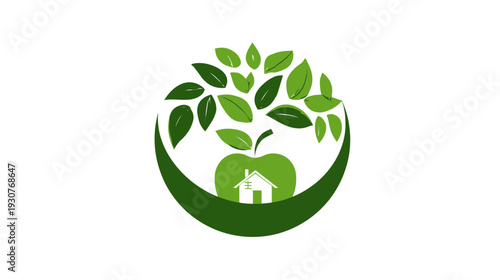 Green Apple House Tree Logo - Organic Home Nature Icon for Eco-Friendly Healthy Living and Growth Concept